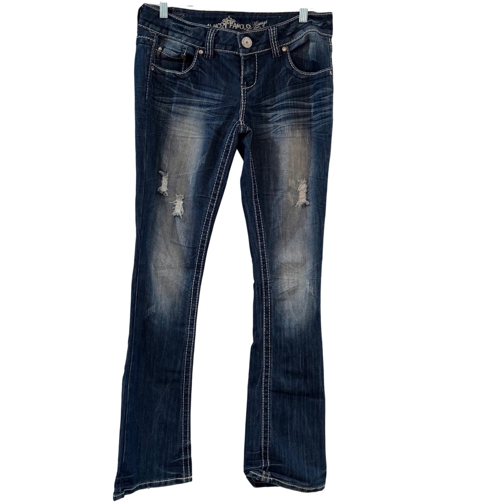 Almost Famous Womens Low Rise Bootcut Distressed Jeans Dark Wash Size 9 Y2K